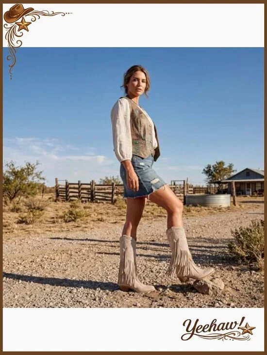 Knee High Western Boots with Rhinestone Fringe Chunky Heel Pointed Toe - Picture 3 of 7
